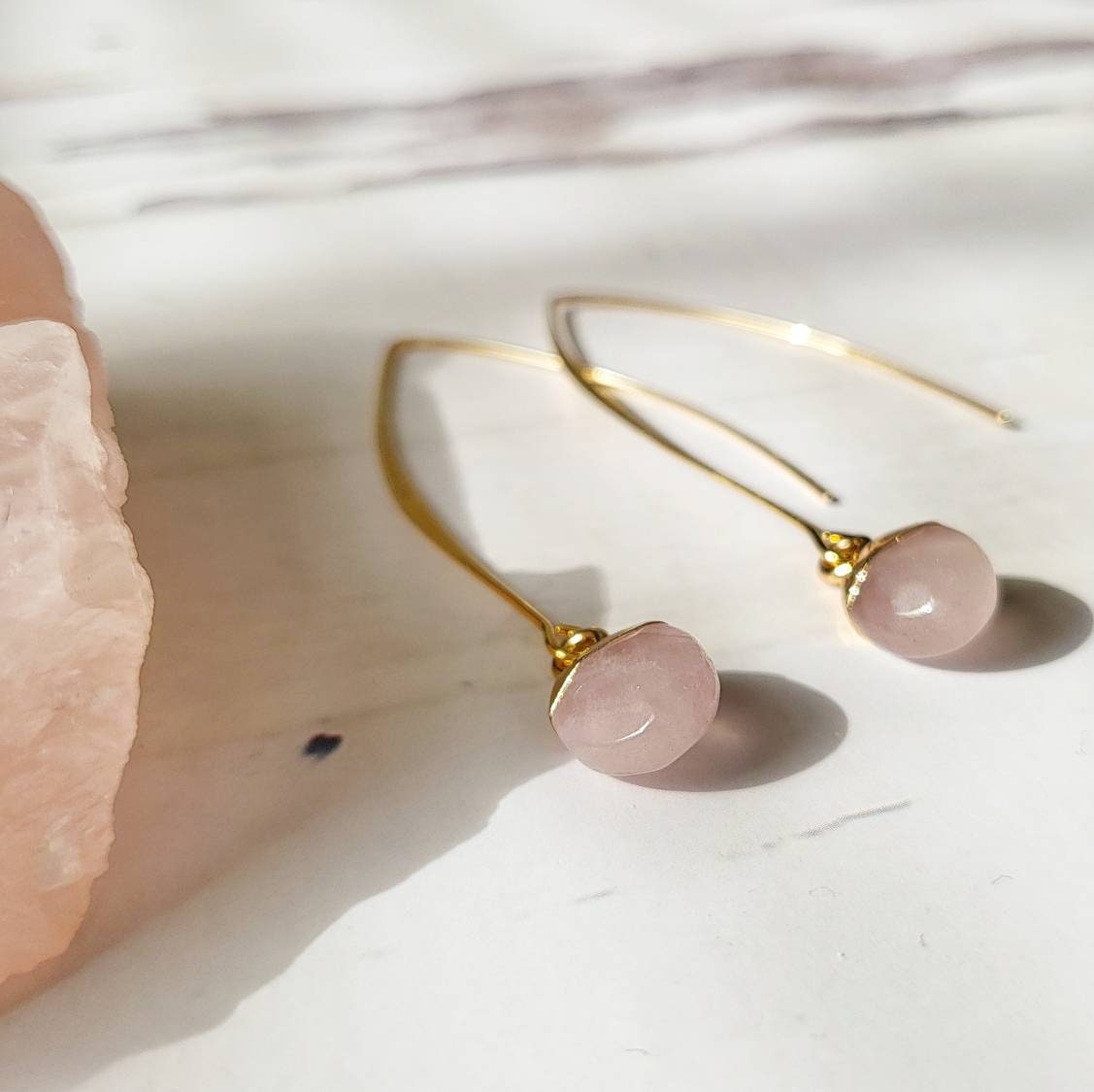 Gold & Pale Pink Rose Quartz Dangle Hoop Earrings. Summer. Boho Chic. | eBay